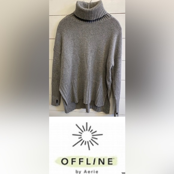 aerie Sweaters - Aerie Offline Women’s Small Gray Knit Cotton Blend Hi/Low Turtleneck Sweater